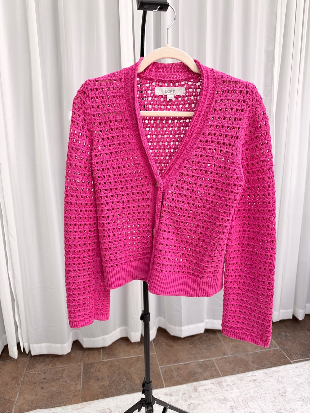 LOFT Pink Crochet Three-Button Cardigan XS Flared Sleeves NWOT